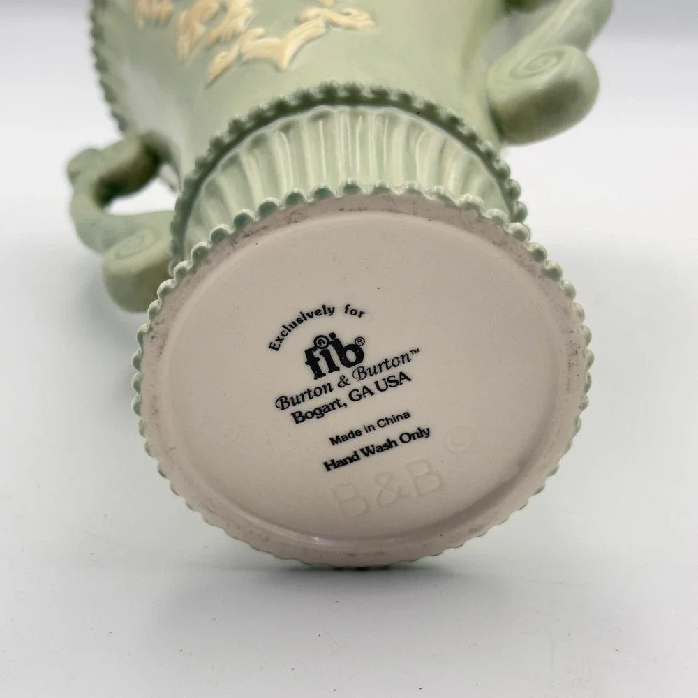 Burton &‎ Burton Sage Green Ornate Ceramic Urn Vase Scroll Handles Cottagecore